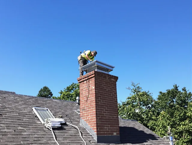 Foxborough Chimney Sweep technician measuring a chimney cap in Foxborough, MA
