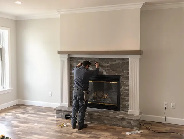 Foxborough Chimney Sweep finishing a custom fireplace install in Foxborough, MA